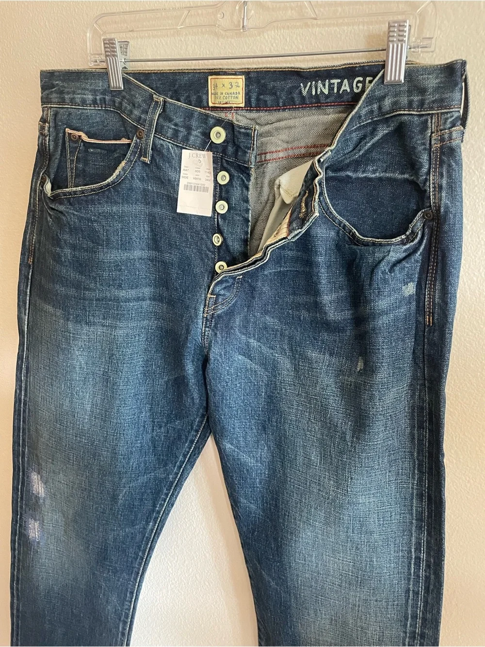 J. Crew Vintage Slim Fit button fly dark blue denim Jeans distressed vintage